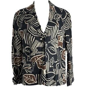 Bianca Linen Blazer Jacket 100% Linen Size 12 Black Brown Geo Artsy Cottagecore